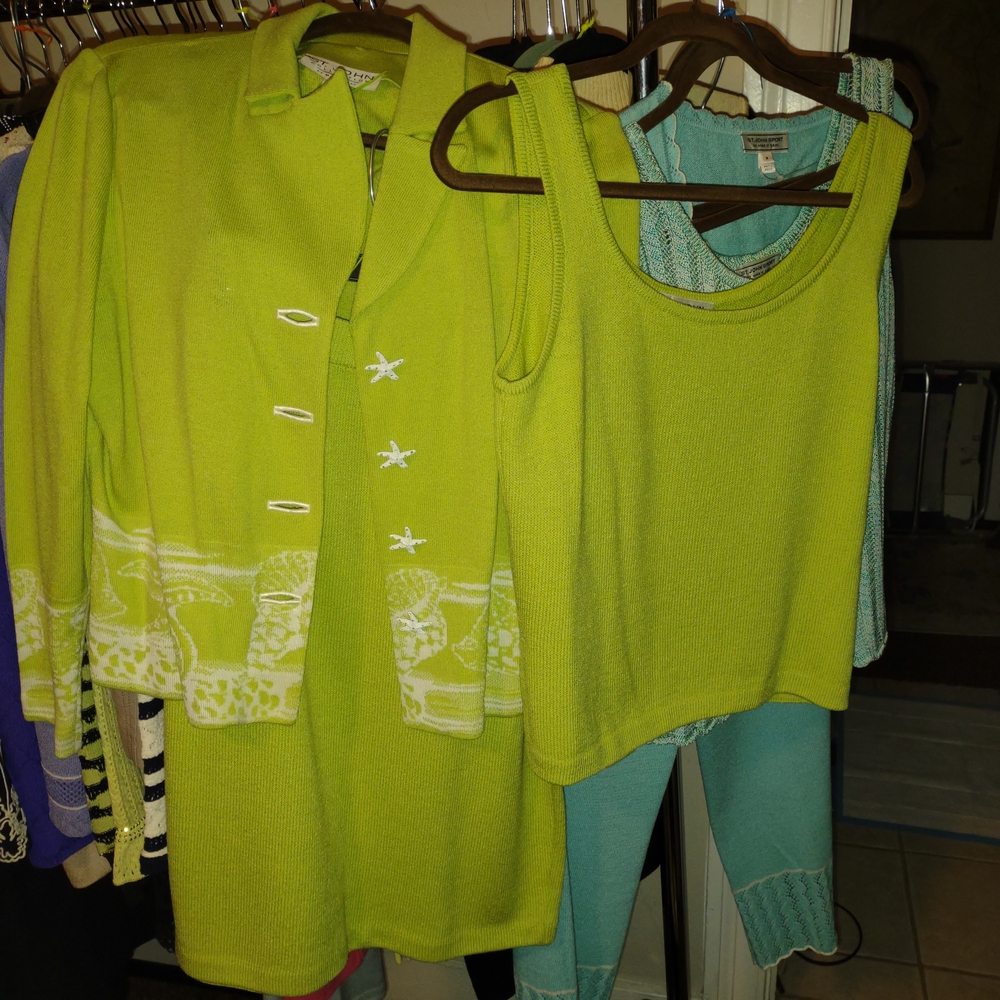 St. John Lime Green Knit Jacket, Skirt and Tank Set